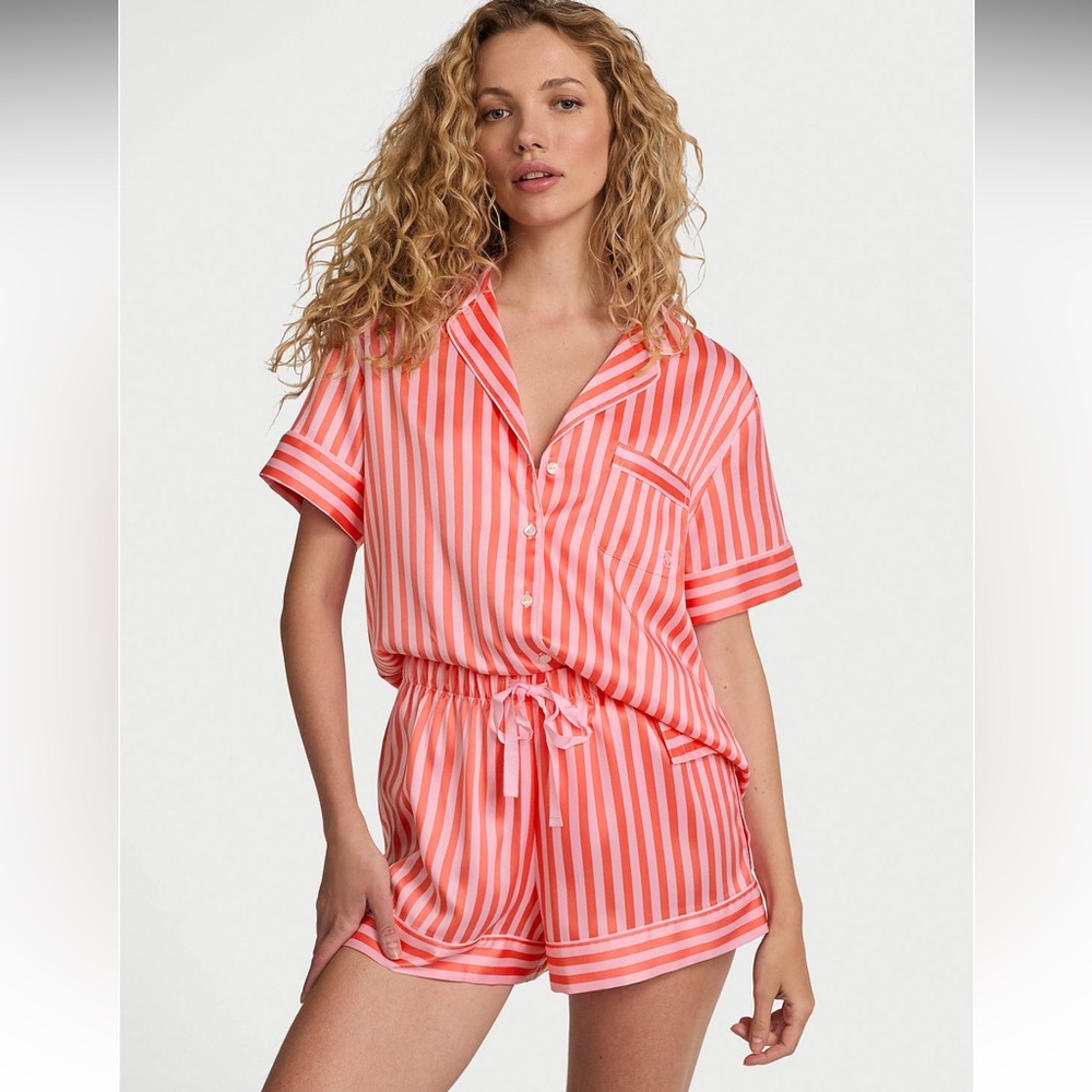 Victoria's Secret Glazed Satin Short orange Striped Pajama Set